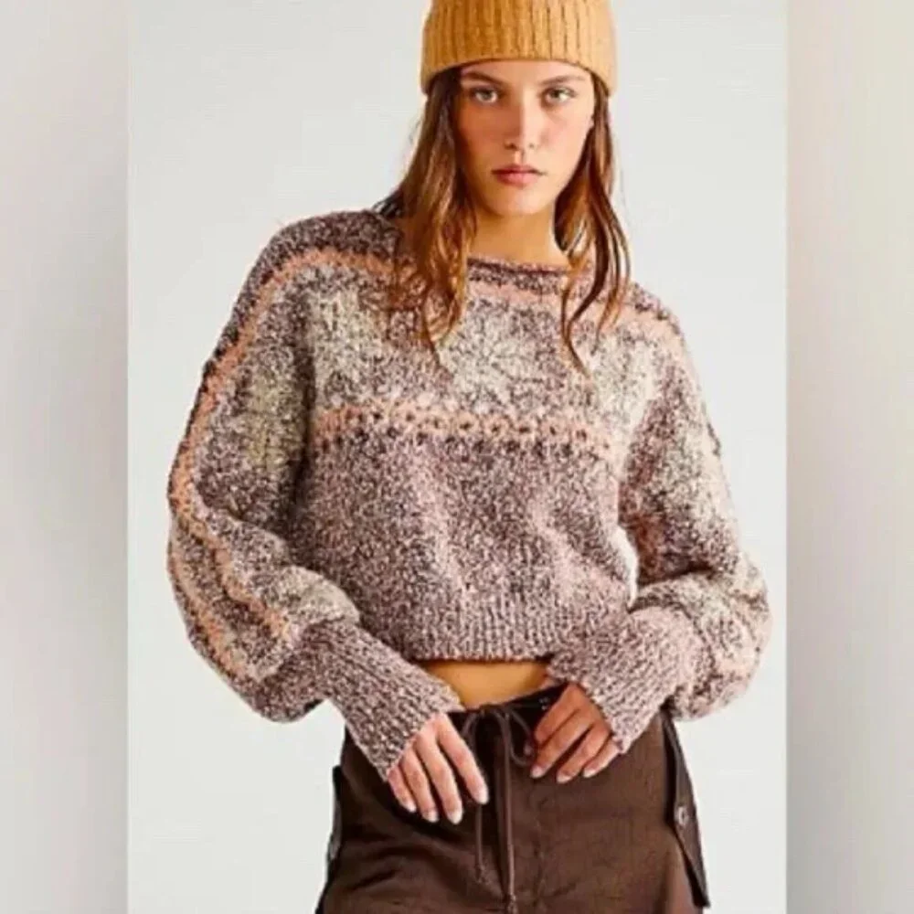 Free People Snowflake Cropped In Gingerbread Combo Pullover Sweater Size XS Soft - Picture 1 of 5